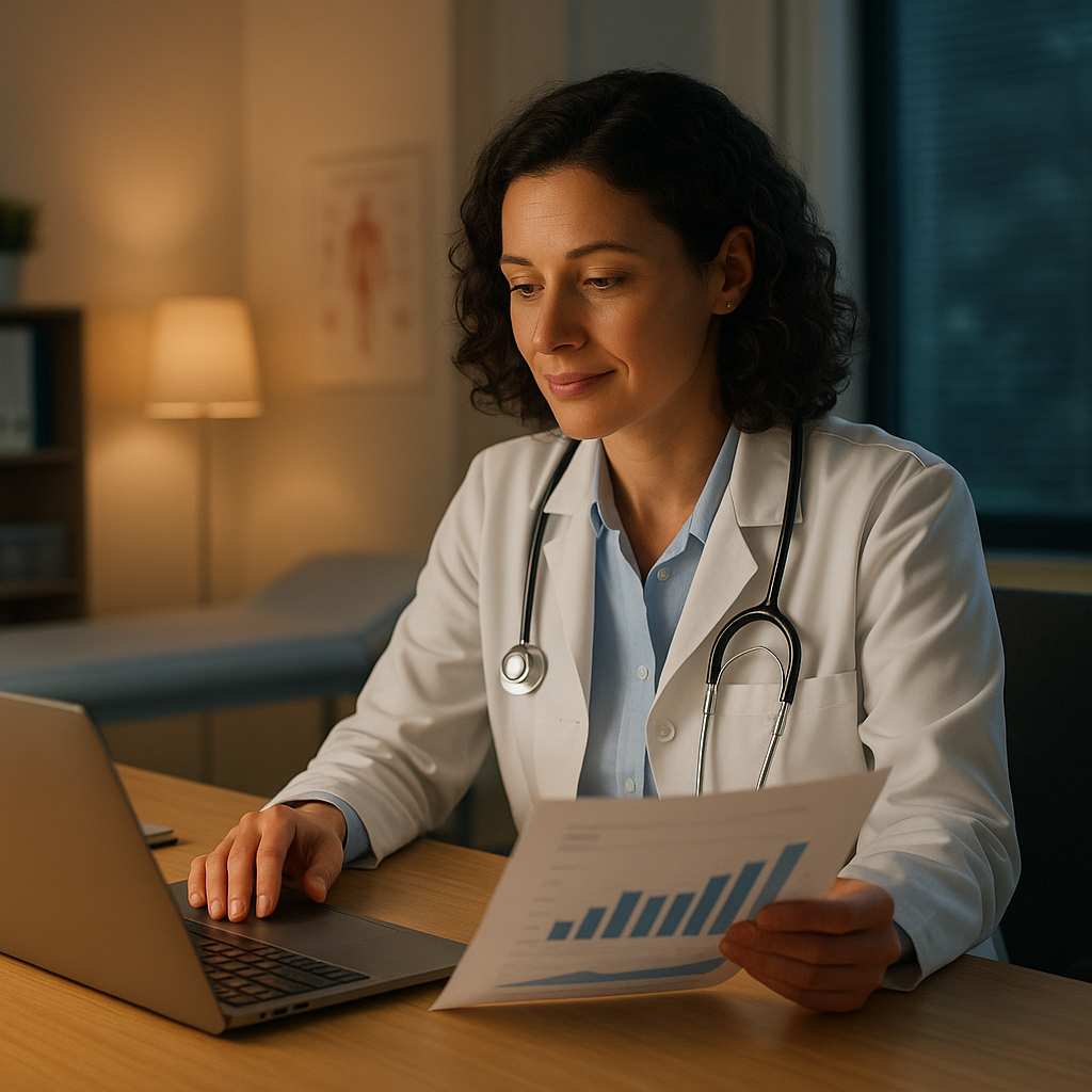 Médica analisando indicadores financeiros do consultório em notebook ao fim do dia
