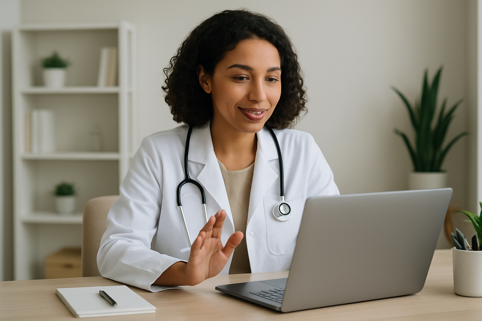 Médica brasileira conduzindo teleconsulta em notebook em consultório claro
