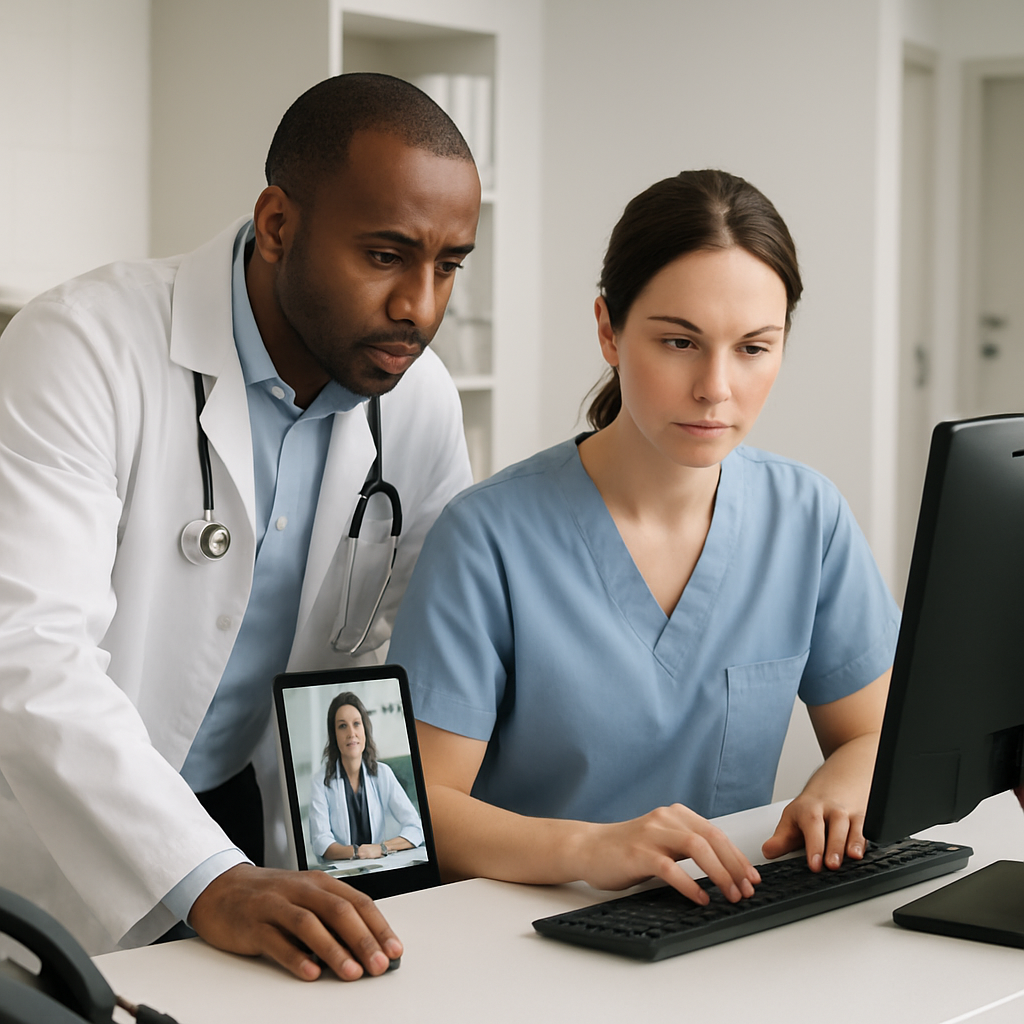 Equipe de clínica integrando teleconsulta ao prontuário eletrônico