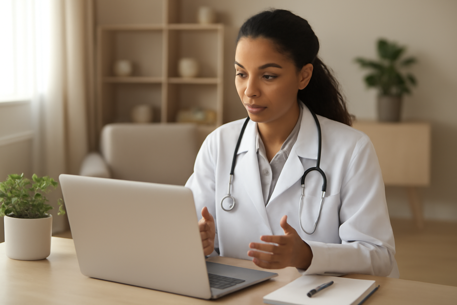 Médico realizando teleconsulta em notebook com assinatura digital na tela