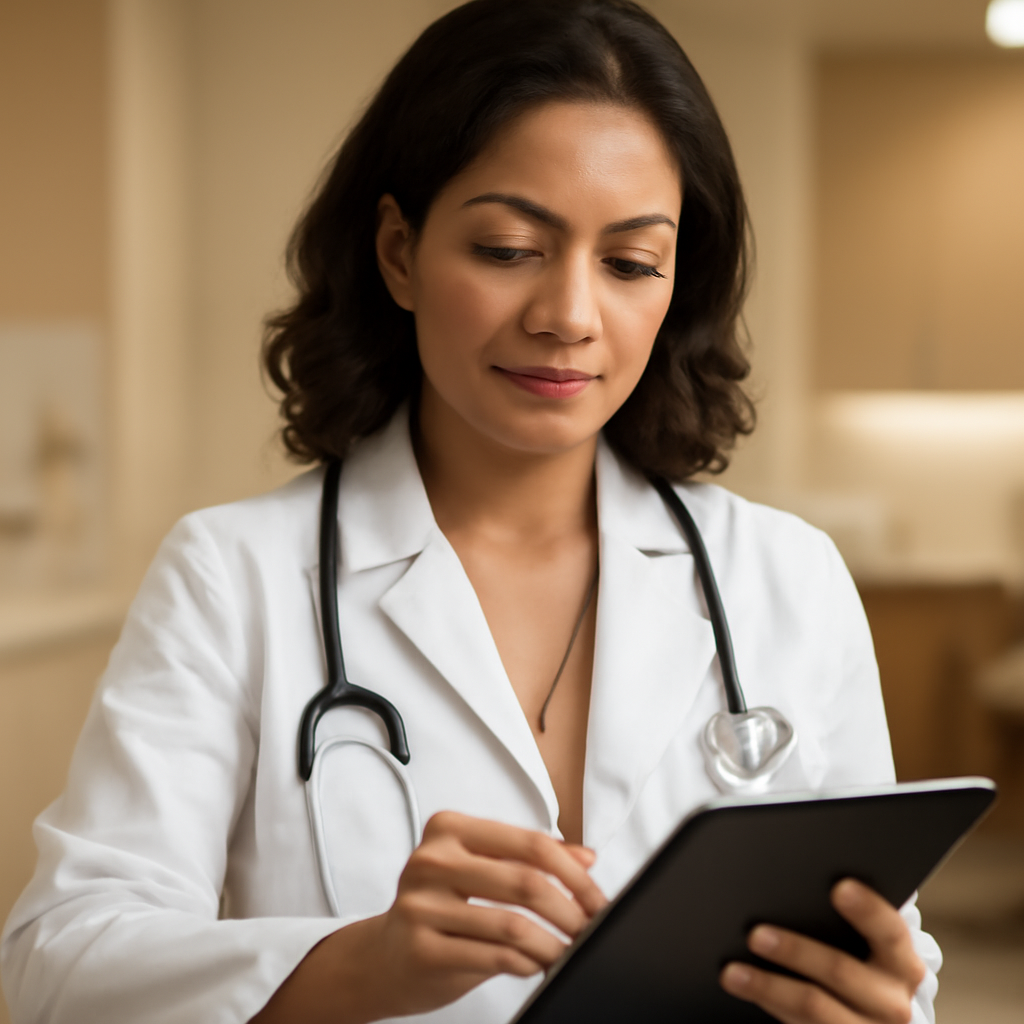 Médica assinando digitalmente receita médica em software de teleconsulta no consultório