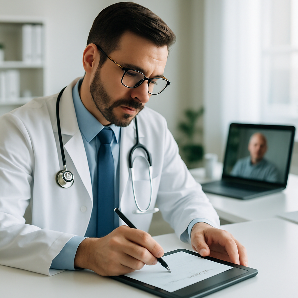 Médico assinando digitalmente receita médica em software durante teleconsulta com paciente ao fundo